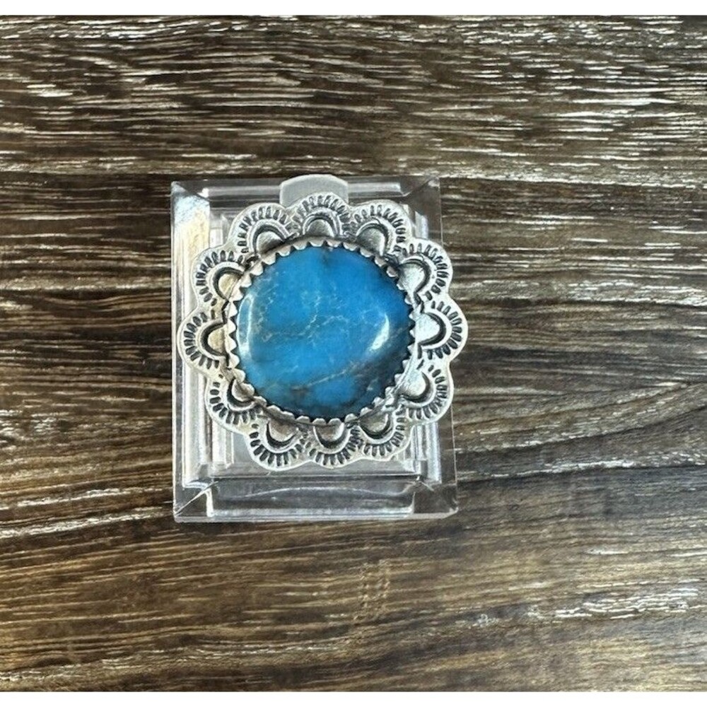 Native Southwest Style Sterling Silver Morenci Turquoise Swirl Edge Ring 7 Adj